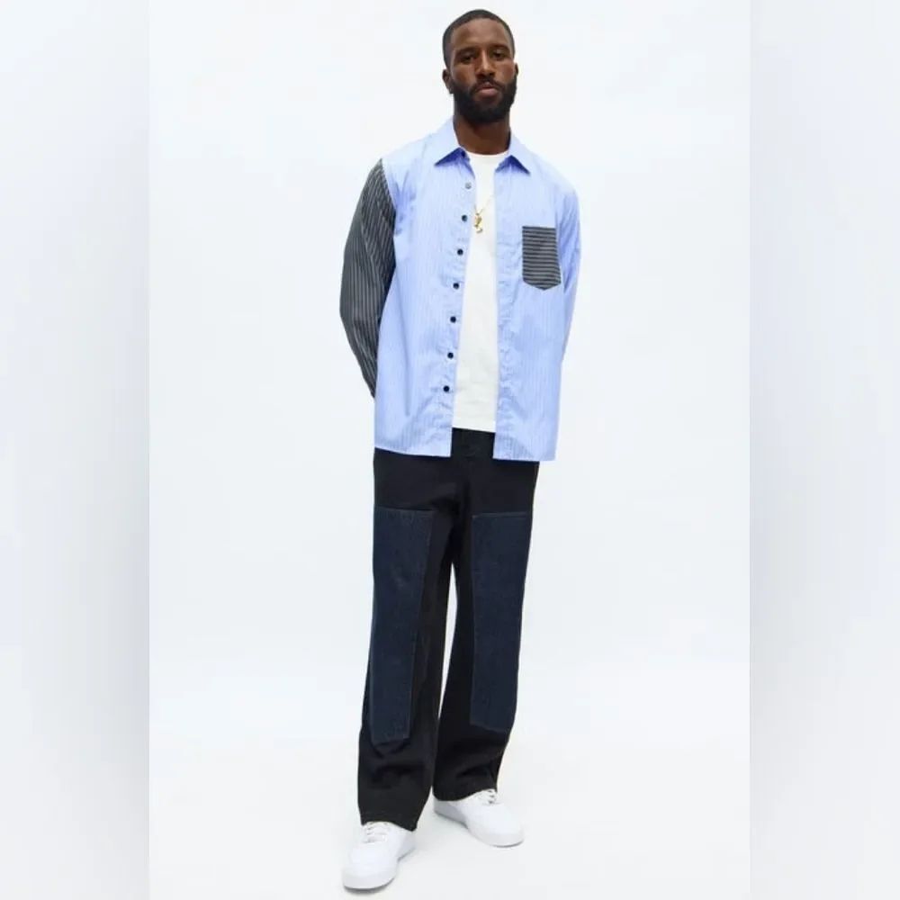 Split Up Pinstripe Colorblock Button Down Shirt